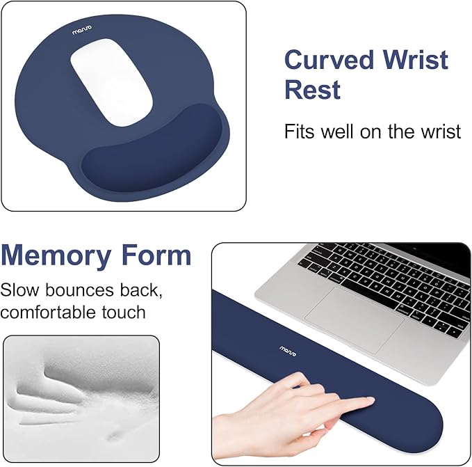 MOSISO Wrist Rest for Keyboard Mouse Pad Set, Large Gaming Deskpad&Circle Curved Mousepad&Keyboard Wrist Rest&Coaster, Ergonomic Non-Slip Mousepad&Easy Typing Pad with Silicone Lining, Navy Blue