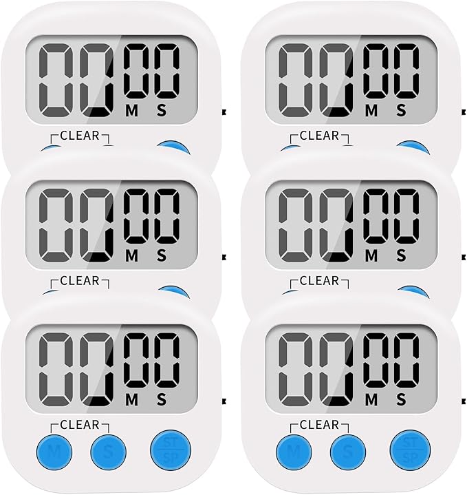 LinkDm 6 Pack Small Digital Kitchen Timer Magnetic Back and ON/Off Switch,Minute Second Count Up Countdown, White