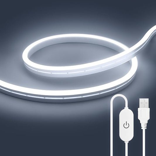 2M Neon Strip Light, 5V White USB Powered Rope Lights, 360 ° Bending Dimmable Waterproof Rope Lights for Bedroom, Kitchen, TV Backlight, Cupboard, Mirror, Ceiling, Walls, Cupboard, Indoor DIY Lighting