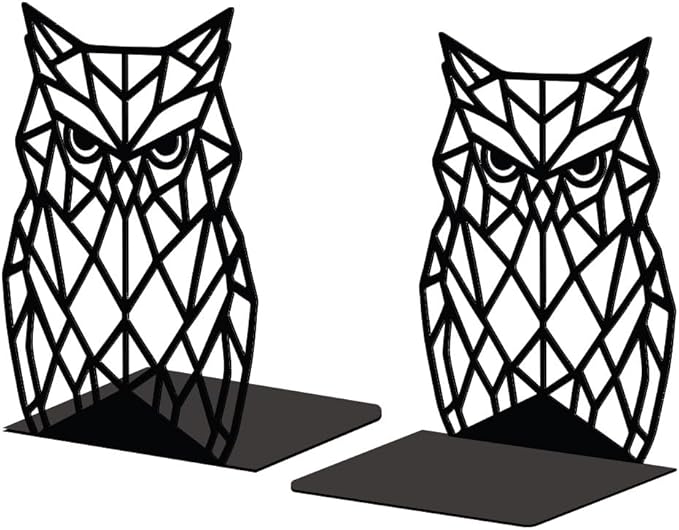 Peacoblue Metal Bookends for Shelves, Modern Decorative Heavy Duty Study Book Support Stoppers for Office, Desk, Shelf, Room 5.3"x4.3"x7.1" Cast Iron Simple Tall Bookends, 1 Pair (Geometric Owl)