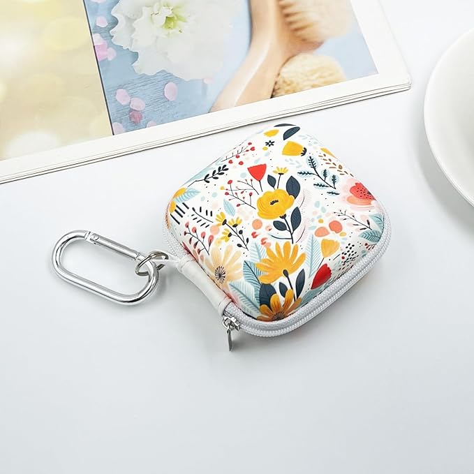 Square Earbud Case Headphone Organizer Ear Bud Case Portable EVA Carrying Box Storage Bag with Carabiner for AirPods Beats Bose Galaxy Buds 3 Data Cable Storage (Blooming Floral)