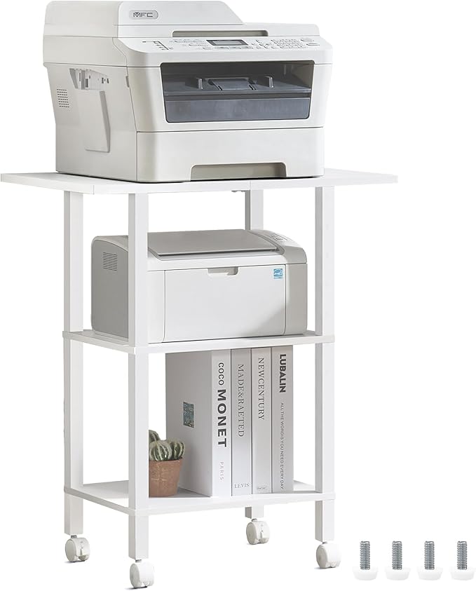 YUFAM White 3 Tier Home Printer Stand with Storage, Wooden Mobile Printer Table Shelf, Rolling Printer Cart Shelf with Lockable Wheels fit Fax Machine, Scanner