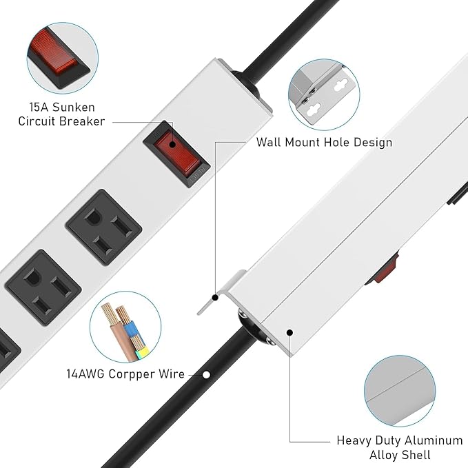 JUNNUJ Metal 12 Outlet Power Strip, Mountable Heavy Duty Power Strip, 1200J Surge Protector Wall Mount Screws Outlet with Switch, Gaming Desk Strips Wide Spaced 15A 125V 1875W, 15 FT 14AWG Power Cord