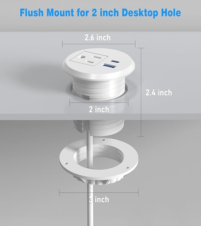 2 Pack Desk Power Grommet Outlet, 2 inch Recessed Power Outlet with 20W USB-C Fast Charging, for Conference Rooms, Office Tables, Furniture, 6FT Cord(ETL Listed)