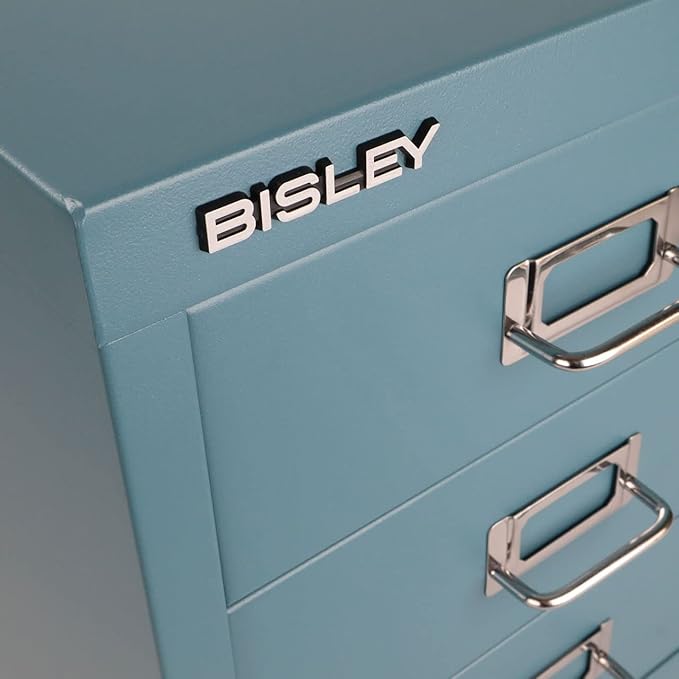 Bisley 3-Drawer Steel MultiDrawer Cabinet - Doulton Blue, Chrome Pull Handles with Label Holders, Powder-Coated Steel, Removable Drawers, Desktop Storage, Labels Included
