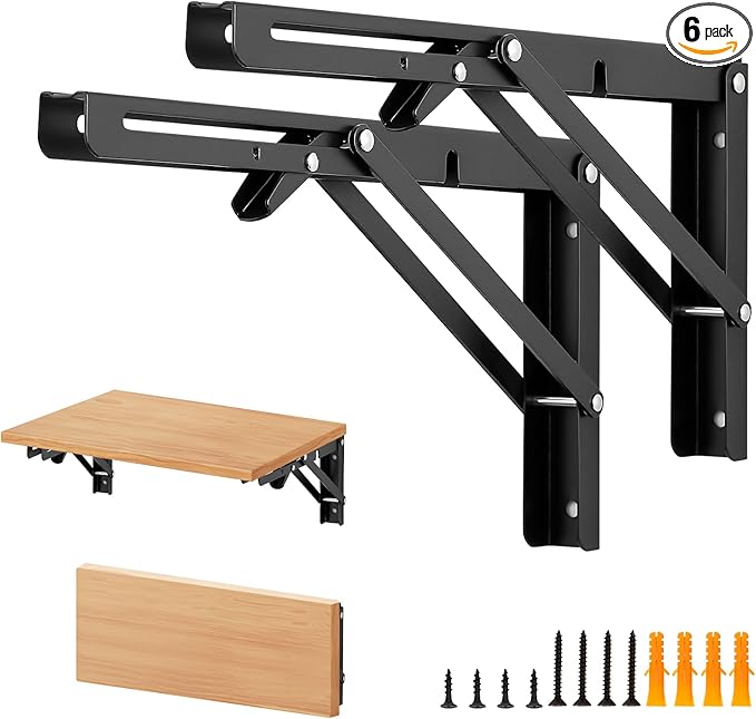 Home Expert 12 Inch Folding Shelf Brackets, 6 Pack (3 Pairs) Heavy Duty Metal Collapsible Wall-Mounted Brackets, Space-Saving DIY Foldable Shelf for Benches and Tables, Matte Black