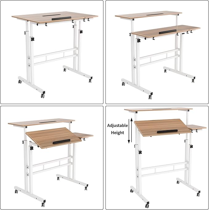 sogesfurniture Mobile Standing Desk, Portable Stand Up Desk, Small Adjustable Standing Desk Converter with Wheels Home Office Workstation, Rolling Desk Laptop Cart for Standing or Sitting, Oak