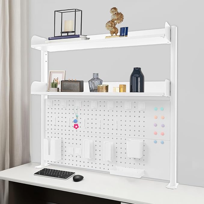 Clamp on Desk Organizer Shelf with Pegboard, Multipurpose Desktop Hutch Desk Bookshelf Desktop Bookcase Storage Rack Display Shelf for Home Office Dorm, Study Rooms, Bedrooms (White)