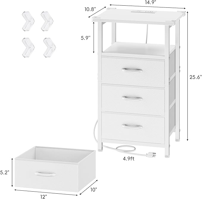Vagusicc Night Stand with Charging Station, LED Nightstand for Bedroom, White Bedside Table with 3 Fabric Drawers, End Table Side Table with USB Ports and Outlets, Bed Side Table for Bedroom, White