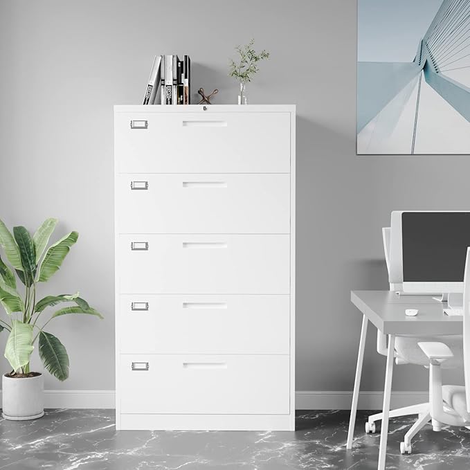 Fesbos Lateral File Cabinet with 5 Drawers - White Metal Steel Filling Cabinets for Home Office - Lockable Storage Cabinet for Hanging Files Letter/Legal/F4/A4 Size-Assembly Required