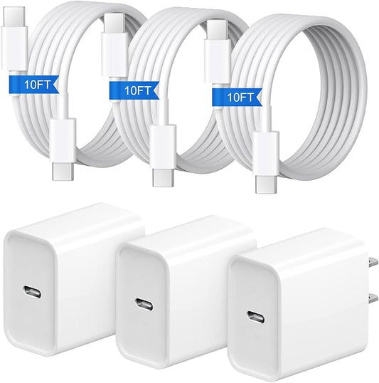 iPhone Charger Fast Charging 10FT iPhone 17 16 15 Charger 3+3Pack 20W USB C Wall Charger with 10FT USB C Cable for iPhone 17/17 Air/17 Pro/17 Pro Max/i Phone 16/15 Series, iPad Pro/AirPods
