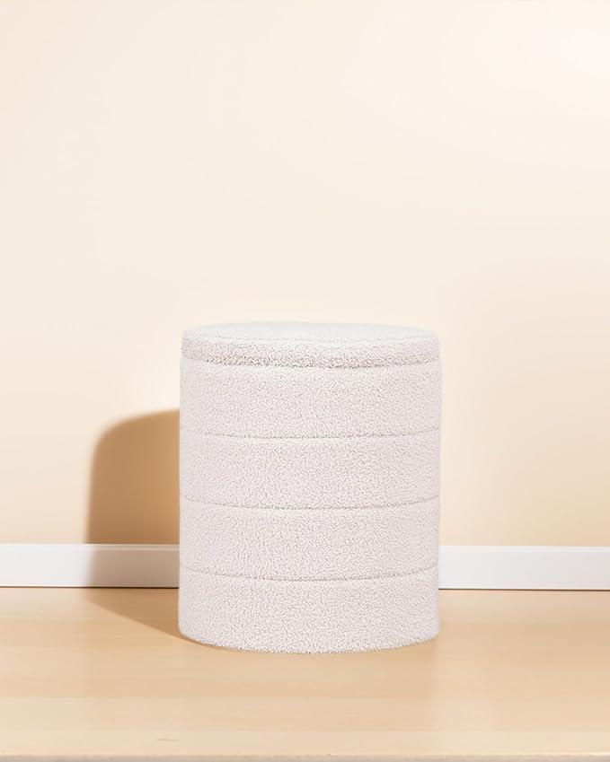 Round Boucle Storage Ottoman, Sherpa Teddy Fabric Ottoman Footstool with Reversible Tray Lid, Folding Footrest with Storage for Living Room, Bedroom, Dorm, White, 14.6" x 14.6" x 17.7"