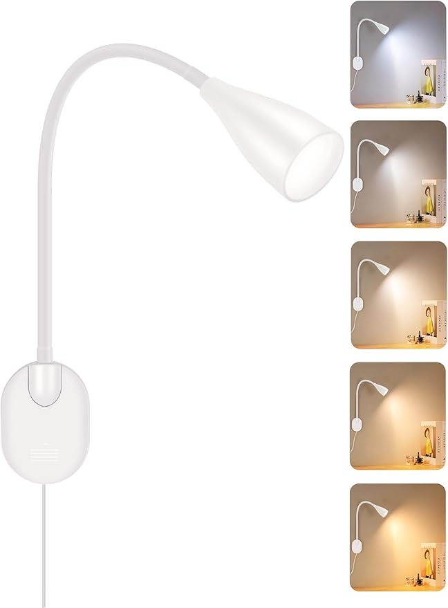 LED Wall Mounted Bedside Reading Light, 3 Color Modes,10 Brightness Dimmable, USB Charging Port, Adhesive Wall Lamp Night Light for Books in Bed, 360° Flexible Eye-Caring Bedroom Lighting White