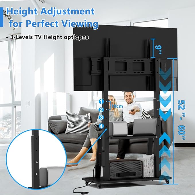 Mobile TV Cart with Power Outlet Rolling TV Stand for 42 to 100 inch Television Heavy Duty Portable TV Stand on Wheels, Height Adjustment, Holds Up to 180 LBS, Vesa 200×200-900×600mm