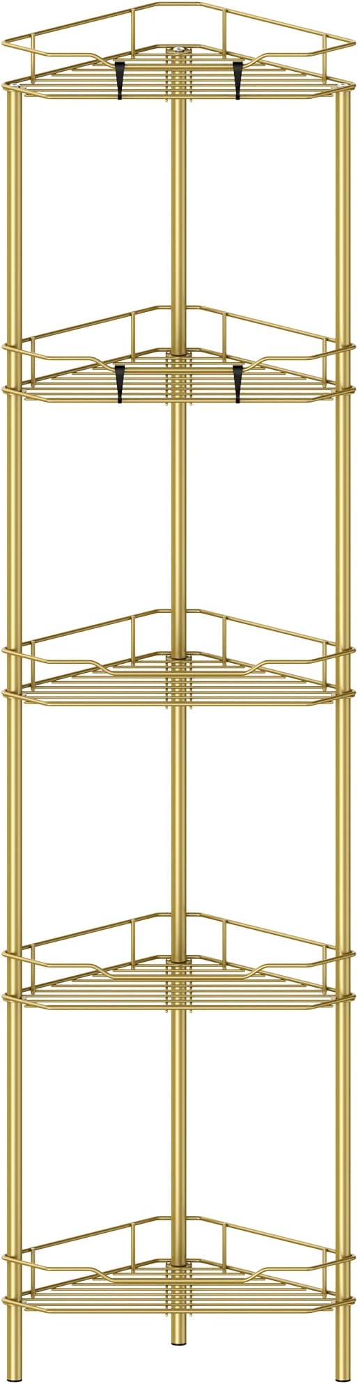 HuggieGems 5 Tier Floor Standing Corner Shower Caddy Organizer Shelf with Hooks, Bathroom Shelves Stand Rack, Gold