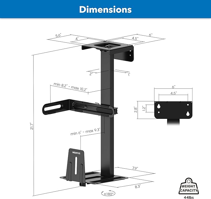 Mount-It! Under Desk PC Mount and Wall Mount, Adjustable CPU Holder with 360° Swivel, Fits Computer Towers 6.1–9.3" Wide, 8.2–10.1" Deep, Heavy Duty Steel 44 lbs Capacity, Anti-Scratch Pads