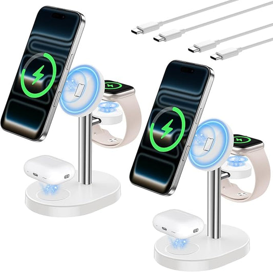 2 Pack Hevanto 2026 3 in 1 Wireless Charging Station for Apple MagSafe Charger, 15W Fast Magnetic Mag-Safe Charger Stand for iPhone 17 16 15 14 13 12 iWatch AirPods (Adaptor Not Included),SilverWhite
