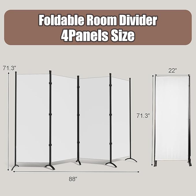Room Dividers Folding Privacy Screens 4 Panel Partition Screen Steel Frame& Frabic Office Partition for Home Office Dorm Decor White