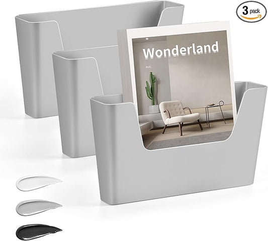 JOMOLA No Drilling File Holder 3 Pack Mail Organizer Wall Mount File Organizer Holder Office Wall Hanging Files Magazines Organizer Plastic Door Mount Wall Pocket with Adhesive Pad, Grey Color