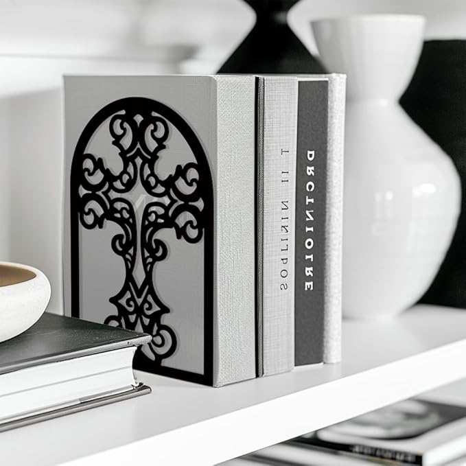 Peacoblue Metal Bookends for Shelves, Modern Decorative Heavy Duty Study Book Support Stoppers for Office, Desk, Shelf, Room 5.3"x4.3"x6.7" Cast Iron Simple Tall Bookends, 1 Pair (Cross)