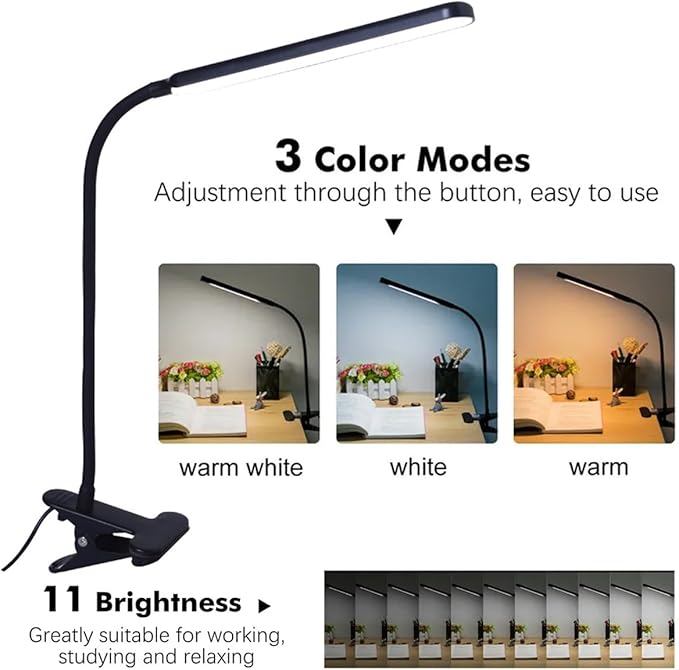 Clip on Light LED Desk Lamp LED Light and Metal Clip, 10 Level Brightness 3 Color Modes, Power by USB Port 10W Flexible Gooseneck Reading Light for Home and Office (Black)