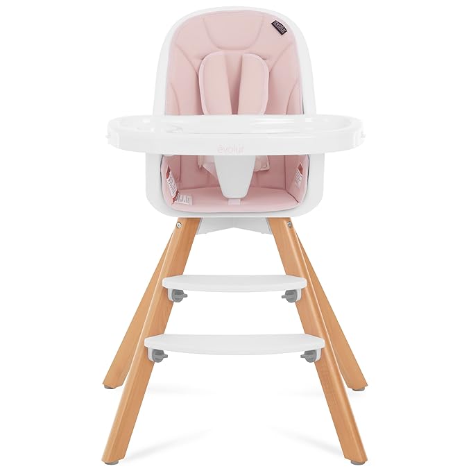 Evolur Zoodle 2-in-1 High Chair for Baby & Toddler – Convertible High Chair to Toddler Chair, Padded Seat, 5-Point Safety Harness, Dual Dishwasher-Safe Trays, Solid Beechwood Legs – Pink