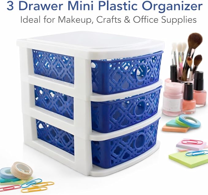 3 Drawer Basket Weave Mini Plastic Organizer Makeup HBA Cosmetics Arts & Crafts Desktop Stationary (Blue)