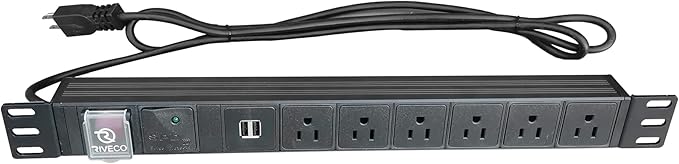 RIVECO PDU 6 Outlets with 2 USB Ports, Flexible Rack Mount Power Strip for 19” Server Cabinet, with Surge Protector for Network & Audio Devices, 1U Black