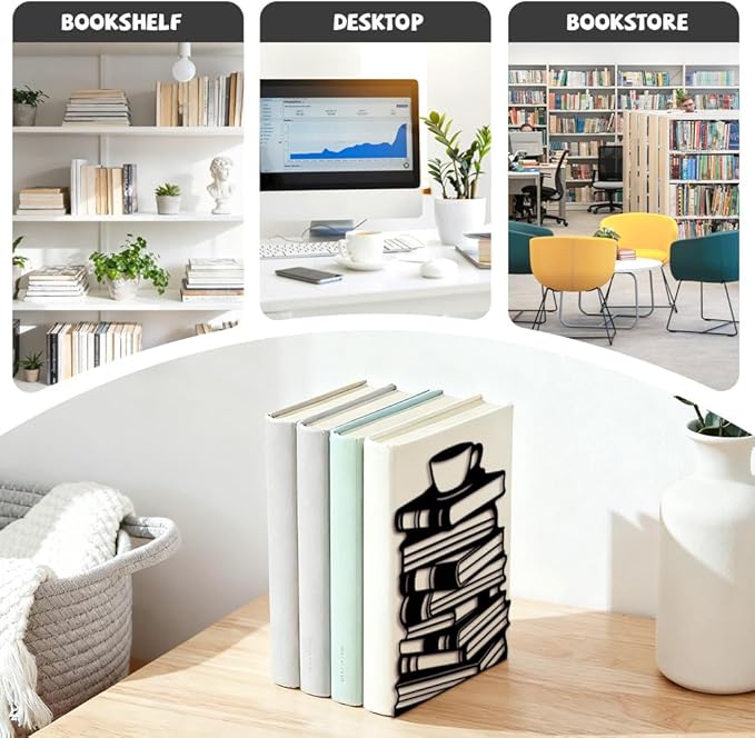 Peacoblue Metal Bookends for Shelves, Modern Decorative Heavy Duty Study Book Ends Stoppers for Office, Desk, Shelf, Room 5.3"x4.3"x7.9" Cast Iron Simple Tall Bookends 1 Pair (Book Stacks and Teacup)