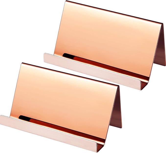 Maxdot 2 Pack Stainless Steel Business Cards Holders Desktop Credit Name Card Display Organizer for Business Mental Name Case Rack for Office Home Daily Use(Rose Gold)