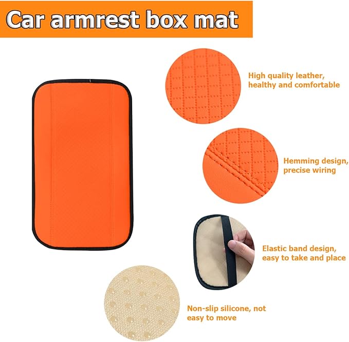 8sanlione Car Armrest Storage Box Mat, Fiber Leather Car Center Console Cover, Car Armrest Seat Box Cover Accessories Interior Protection for Most Vehicle, SUV, Truck, Car (Orange)