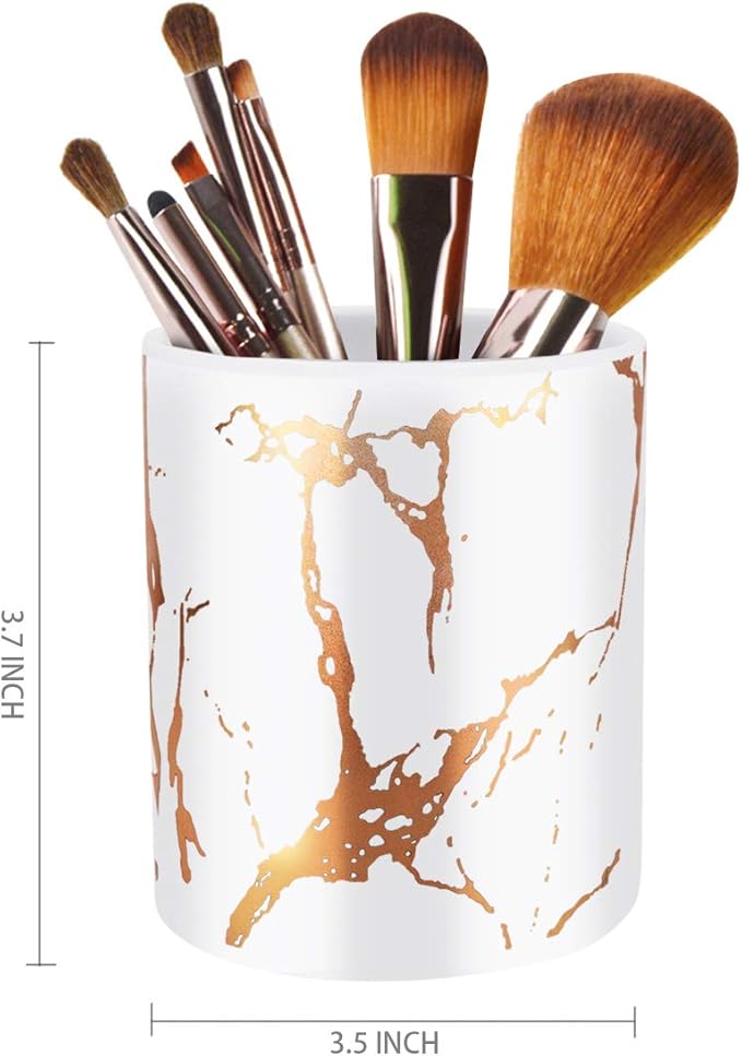 WAVEYU Gold Pencil Holder, Decorative Pens Holder for Desk, Makeup Brushes Organizer for Table, Cute Ceramic Desktop Accessories Pencils Crayons Cup Sturdy, Fashion Room Office Supplies,White02
