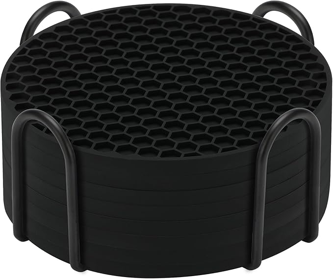 TWTLi Silicone Coasters Set of 8 with Holder,Coasters for Drinks,Beer,Coffee Coasters,Suitable for Kinds Cups,Hot or Cold,Anti-SLI,Non-Stick,Anti-Overflow Tabletop Protection and Decor (8 Pcs, Black)
