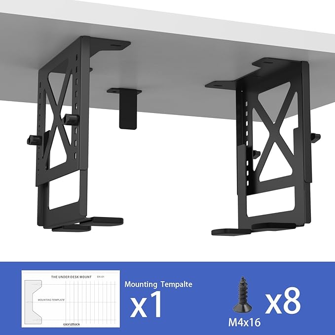 Monzlteck Under Desk Adjustable Metal Mount Bracket – 16-Level Height Adjustment (5.6-11.2in), Heavy-Duty 12kg Load Capacity, Universal Stand for PC, NAS, Label Printer,Speaker，Ventilation Design