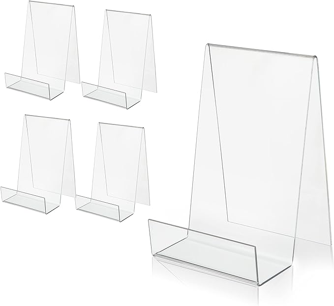 ZOEY Acrylic Book Stand with Ledge Clear Display Easels Plate - 5 Pack Large Book Holder Easel Stand for Display, Music Sheets, Artworks, CD, Tablet Holder (Large)