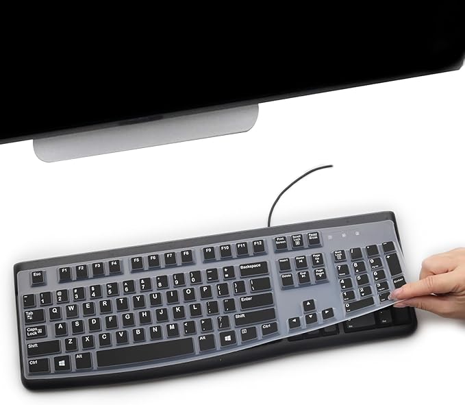 2 Pack Keyboard Cover for Logitech K120 & MK120 Ergonomic Desktop USB Keyboard, Logitech K120 & MK120 US Layout Waterproof Anti-Dust Keyboard Skin-Black+Clear