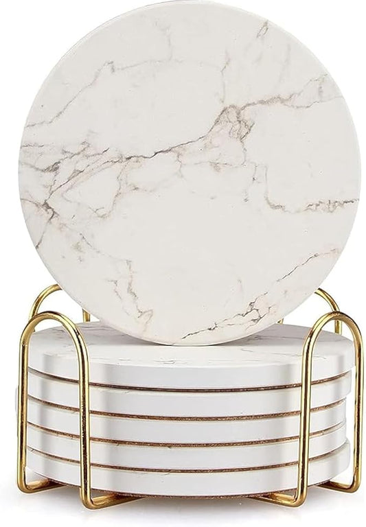 6 Pack White Marble Coaster Set with Holder Absorbent Drink Coasters Ceramic Cute Coaster Bar Dining Coffee Table Accessories Decor Gift Funny Cup Stone Modern Costers Cool Desk Beer Cork Coasters