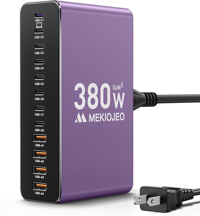 MEKIOJEO Aluminum Alloy 380W 12 Ports powerful USB C Charger Fast USB C Charging Station fridge 65W Laptop GaN Charger for MacBook Pro/Air/iPad Pro/iPhone (Purple)