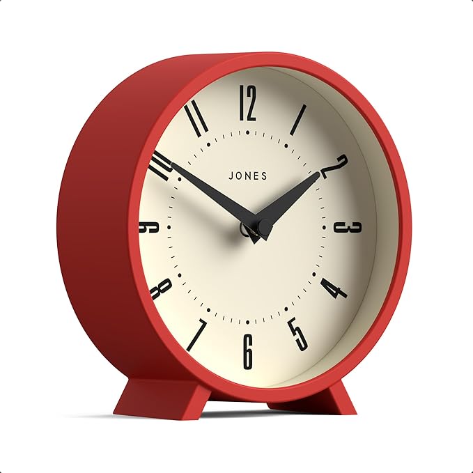 JONES CLOCKS® Venus Desk Clock | Modern Round Design | Red | Stylish Retro Look for Shelf, Table, Mantel or Bedside