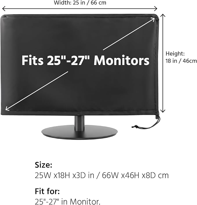 Monitor Dust Cover Heavy Duty Anti-tear Full Body Protective Case Universal for 25-27" Computer LED LCD Screen Wih Adjustable Bottom Tight Rope Black -25Wx18Hx3D in