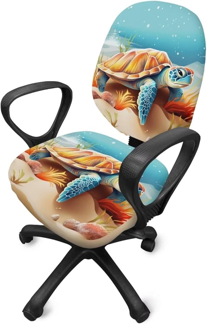 Sea Turtle Office Chair Cover Dust Proof Computer Chair Seat Cover 2 Piece Dorm Computer Rotating Chair Slipcover Office Gift for Women Men Chair Padded Cover Anti-Slip Desk Accessories