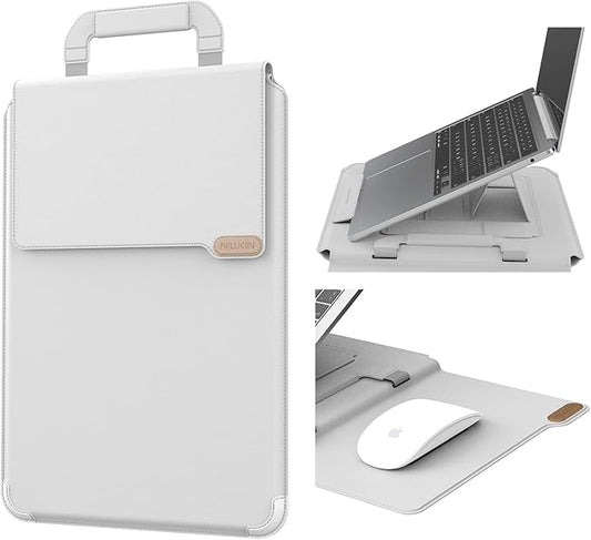 Nillkin Upgraded 12-14 Inch Laptop Sleeve Case for MacBook/Dell/HP/Lenovo/Asus, Unique Slim Travel Computer Bag with Adjustable Stand & Mouse Pad, Magnetic Handle, PU Leather, Gray