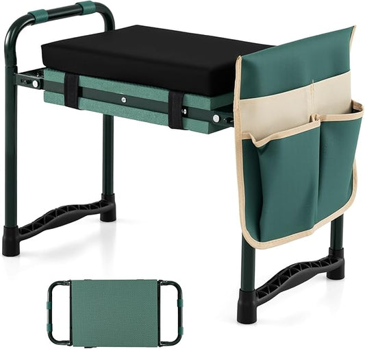 2-in-1 Garden Kneeler and Seat, Folding Garden Seat w/EVA Foam Kneeling Pad & Removable Tools Pouch, Sturdy Steel Frame, No Assembly, Portable Heavy Duty Garden Stool w/Detachable Armrests