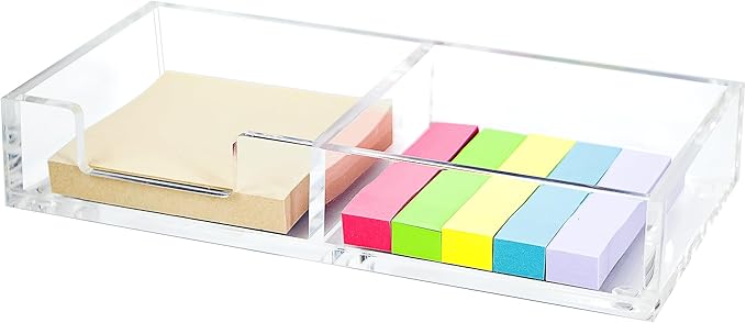 Sticky Notes Holder 2in1 Memo Pad Dispenser,7.68" x 3.9" x 1.38" Clear Desk Supplies Organizer Accessories for Office Home School Post Bank (DP013)