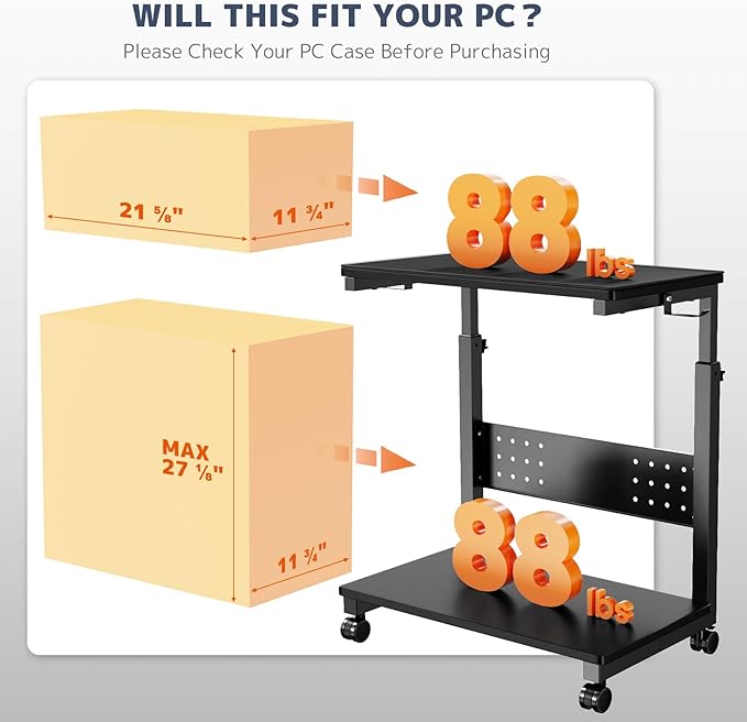 PUTORSEN Computer Tower Stand Cart - 2-Tier CPU Cart with 4 Casters, Rolling Holder with Pegboard & 2 Hooks, Height Adjustable from 19 1/8" to 31 11/16", for Office Home Gaming