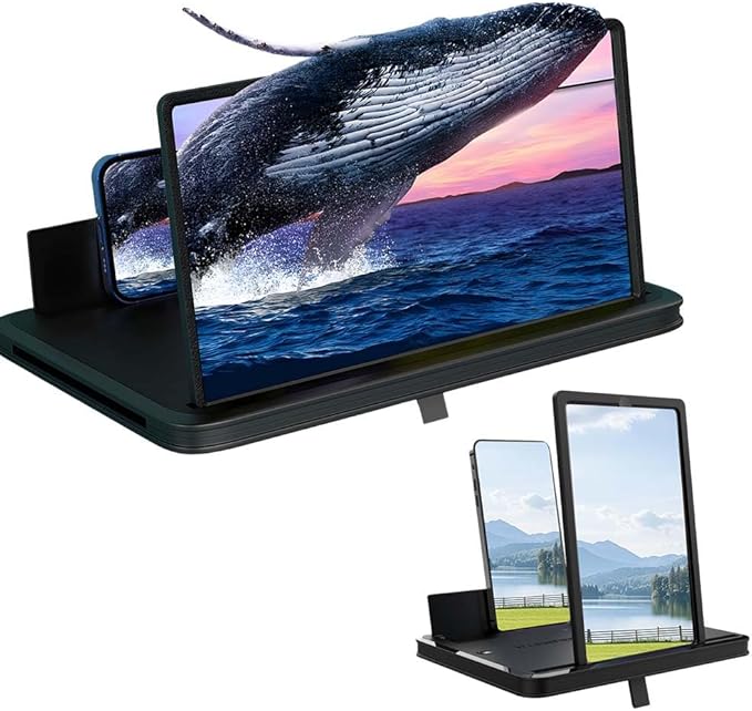 Mobile Phone Magnifier Screen, 3D HD Magnifying Projector Screen Enlarger for Movies Videos and Gaming, Foldable Phone Stand with Screen Amplifier, Compatible with All Smartphones (Black A, 12inch)