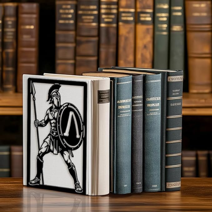 Peacoblue Metal Bookends for Shelves, Modern Decorative Heavy Duty Study Book Ends Stoppers for Office, Desk, Shelf, Room 5.3"x4.3"x7.9" Cast Iron Simple Tall Bookends 1 Pair (Spartan Warriors)