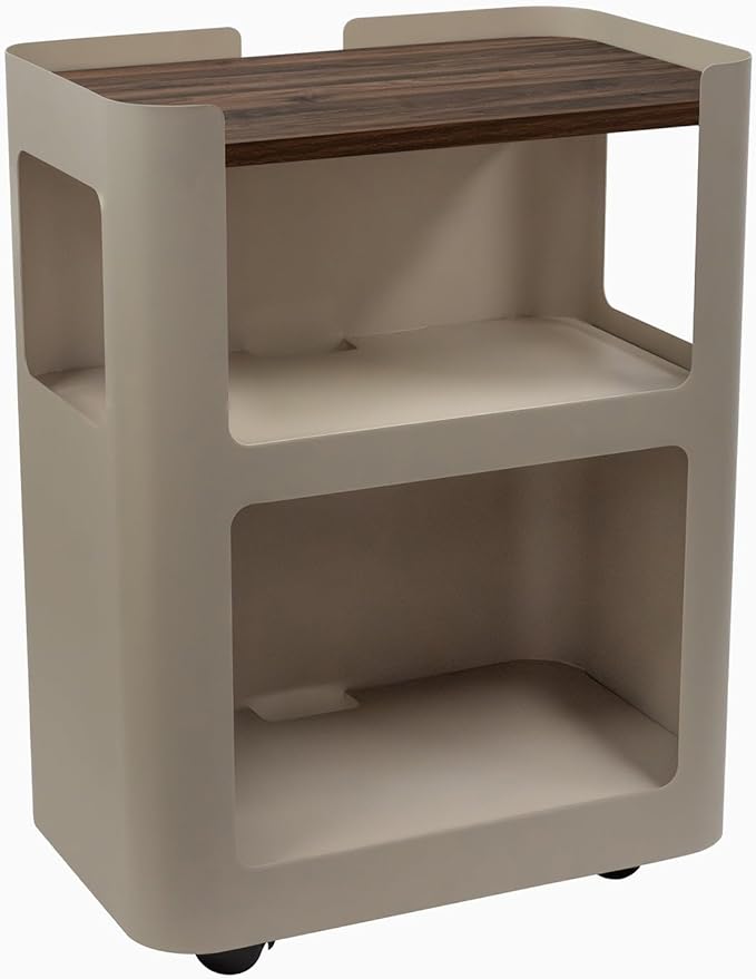 Desky Minimal Open Mobile Pedestal – 3-Tier Open Storage Cabinet with Hidden Swivel Casters and Integrated Cable Management, Light Brown Frame/Jarrah Legno