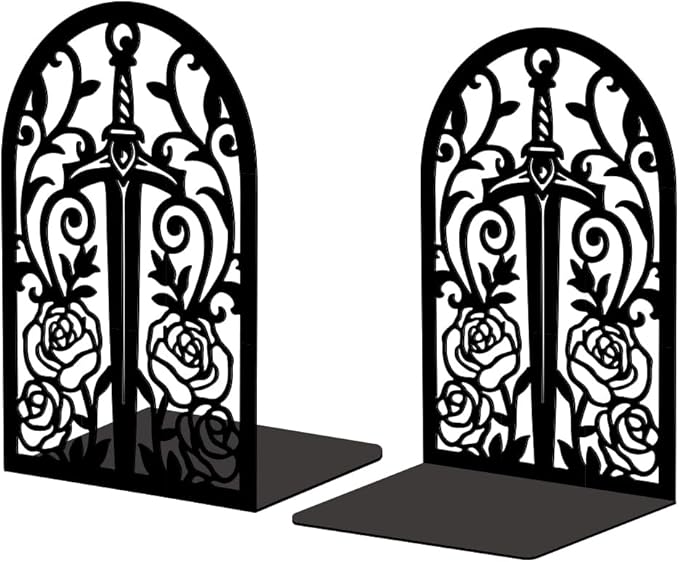 Peacoblue Metal Bookends for Shelves, Modern Decorative Heavy Duty Study Book Support Stoppers for Office, Desk, Shelf, Room 5.3"x4.3"x7.9" Cast Iron Tall Bookends, 1 Pair (Sword with Vine and Rose)