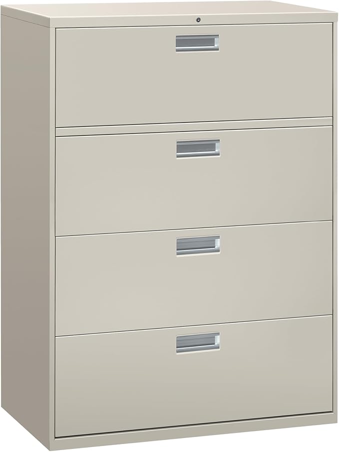 HON 4 Drawer Lateral File Cabinet with Lock, Metal Filing Cabinets for Offices, Adjustable Hangrails for A4, Legal, Letter Files, 18" Deep, Light Gray